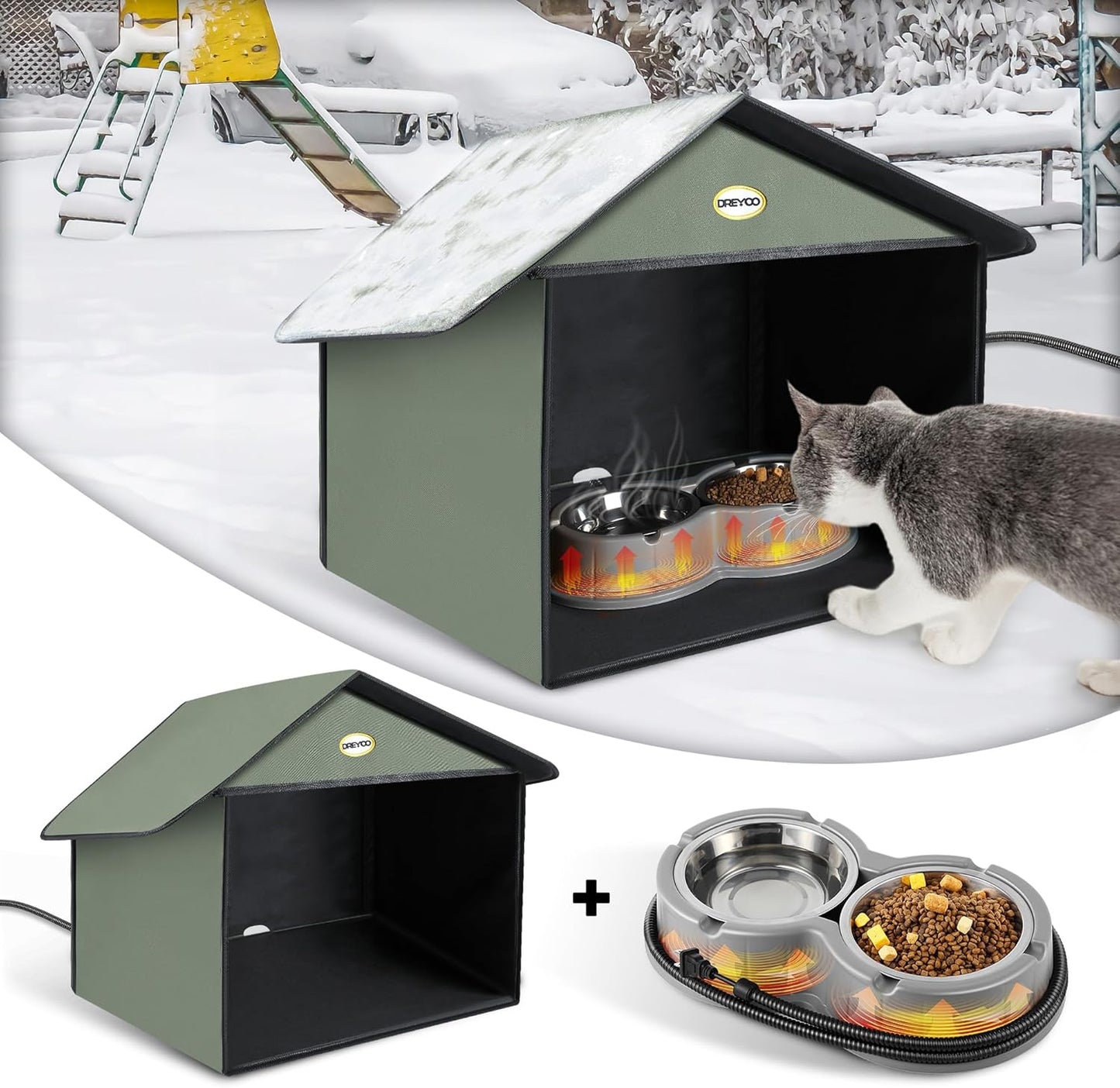 Dreyoo Outdoor Cat Feeding Station with Heated Cat Bowl for Winter