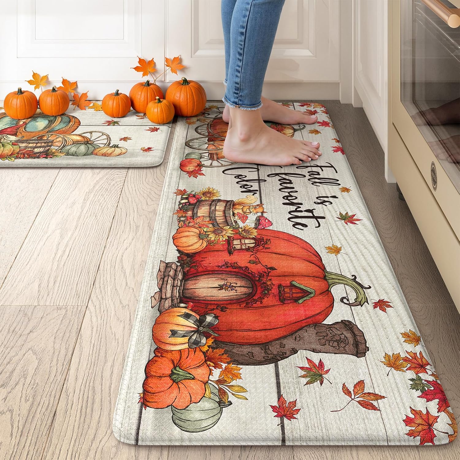 Collive Pumpkin Coach Kitchen Mats Set of 2 for Fall Decor