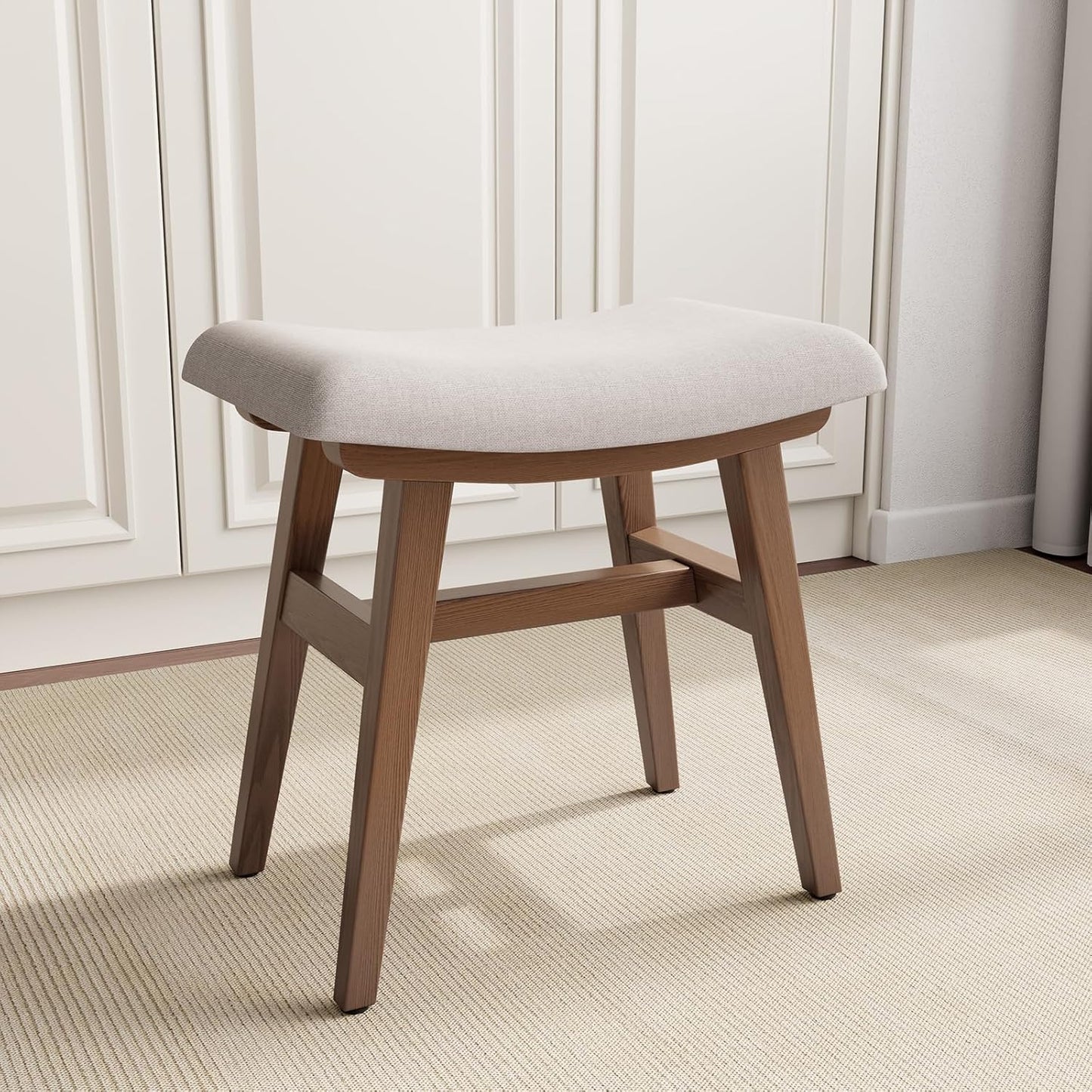 Solid Wood Small Vanity Stool with Saddle Cushion for Comfort