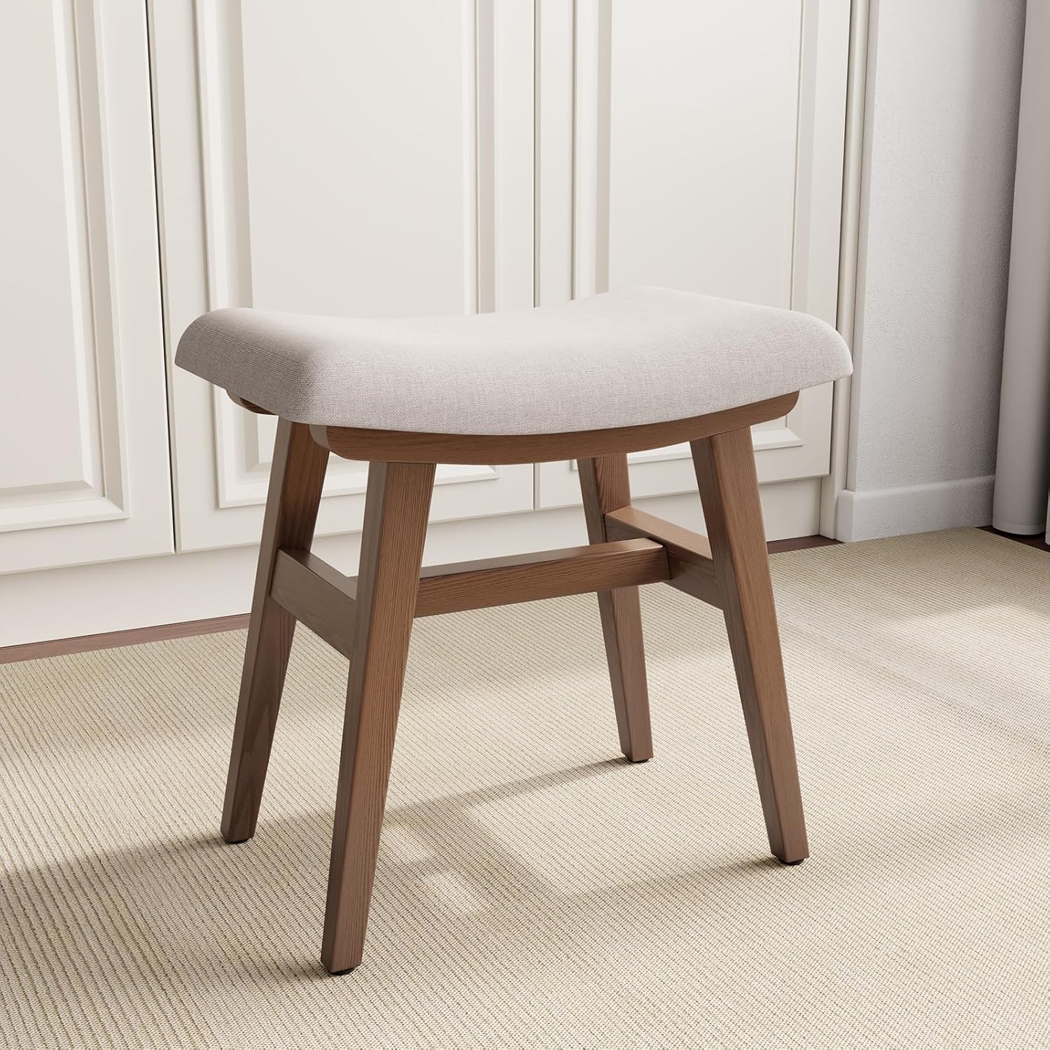 Solid Wood Small Vanity Stool with Saddle Cushion for Comfort