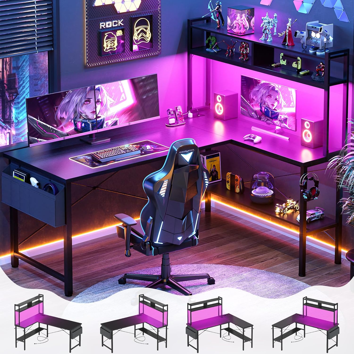 L Shaped Gaming Desk with LED Light & Power Outlet for Home Office