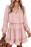 Long Sleeve Tie Neck Ruffle Tiered A Line Mini Dress - Flattering S=US