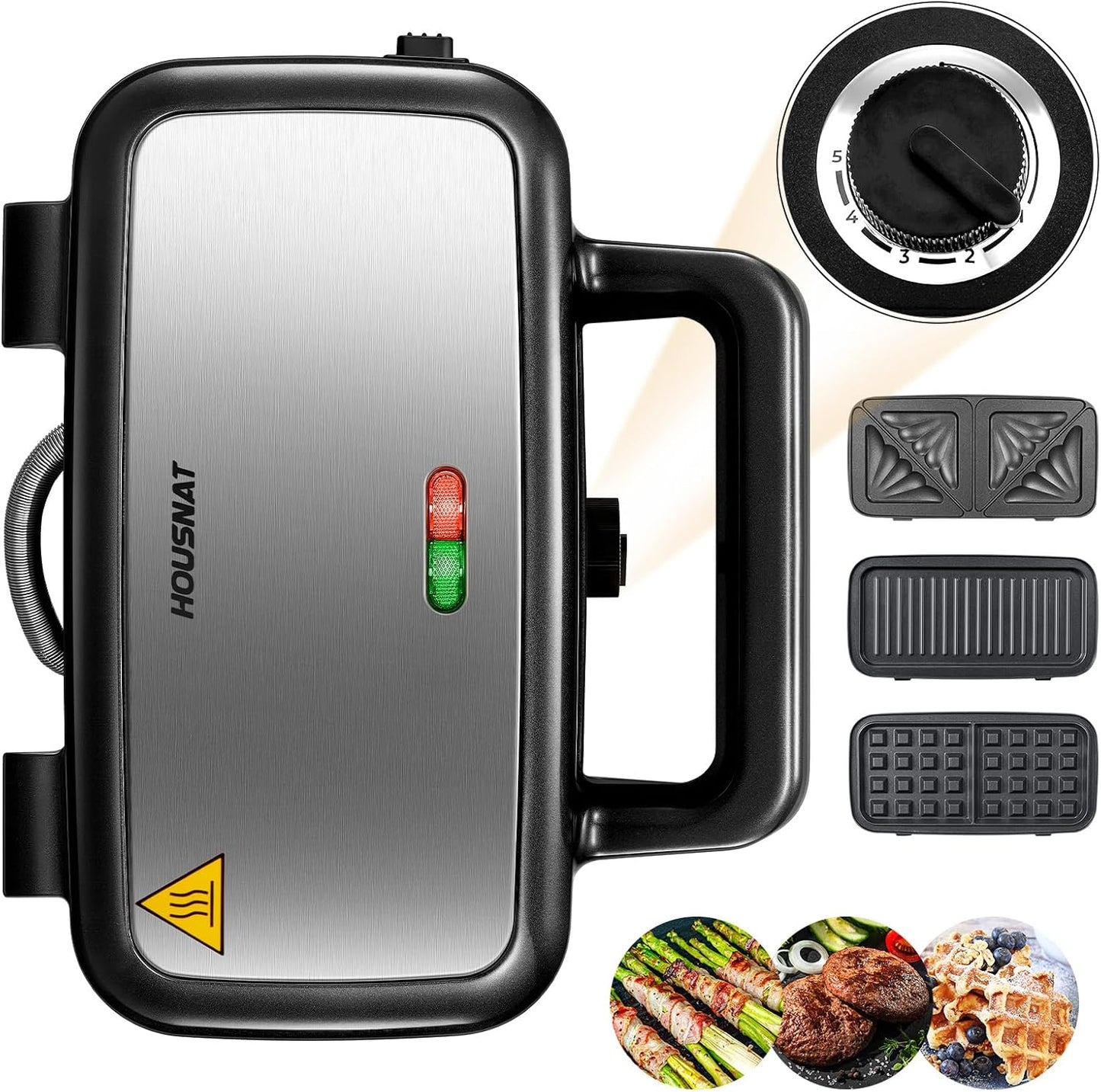 Housnat 3-in-1 Sandwich Maker, Versatile Removable Plates!