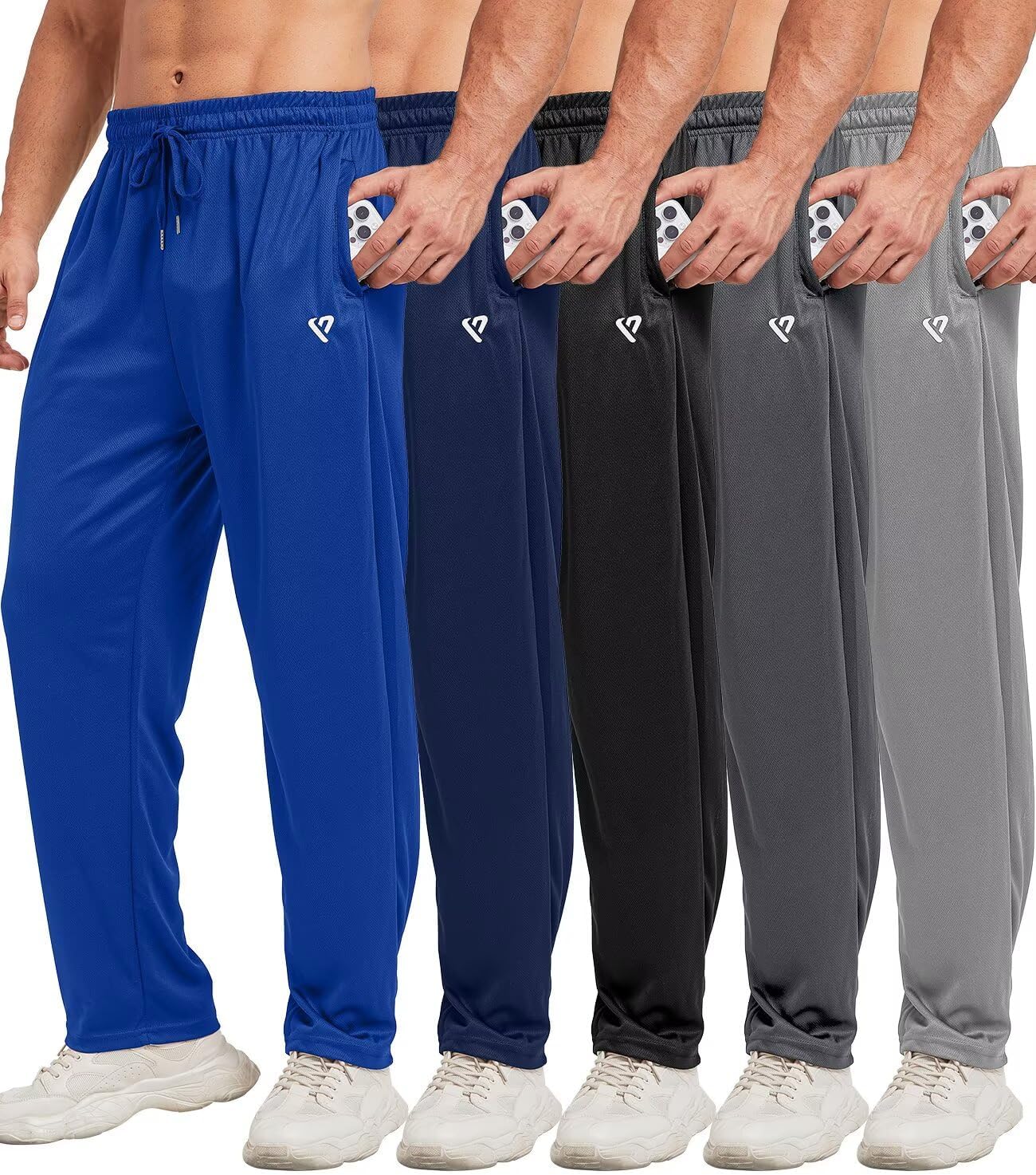 5 Pack Mens Sweatpants Open Bottom Joggers with Zip Pockets