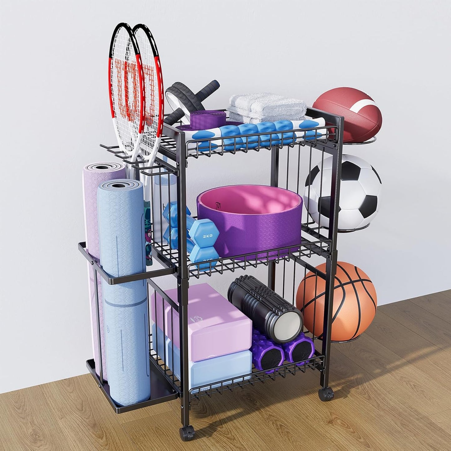 Yoga Mat Rack with Wheels & Hooks - Gym Storage Solution