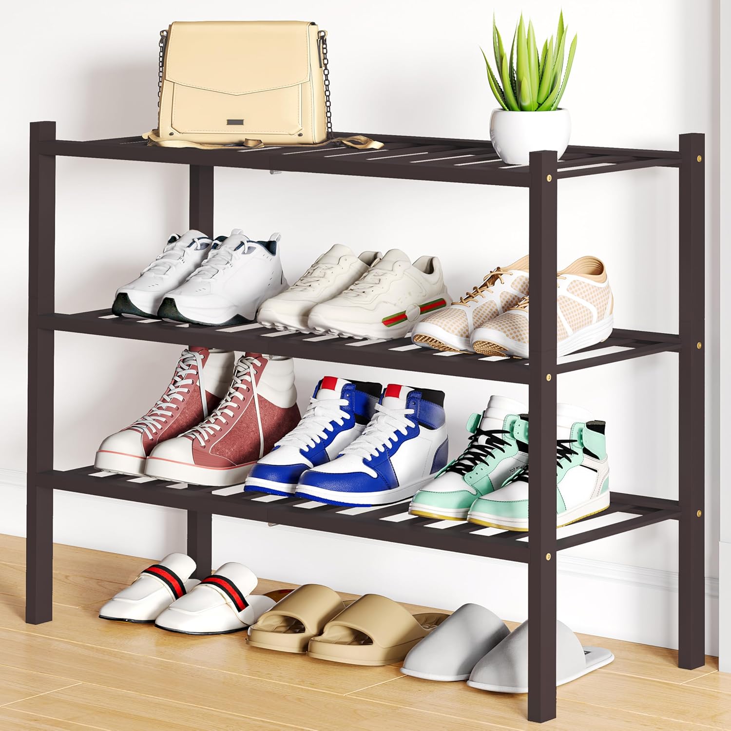 Smiry Shoe Rack - 3 Tier Bamboo Shoe Organizer for Entryway