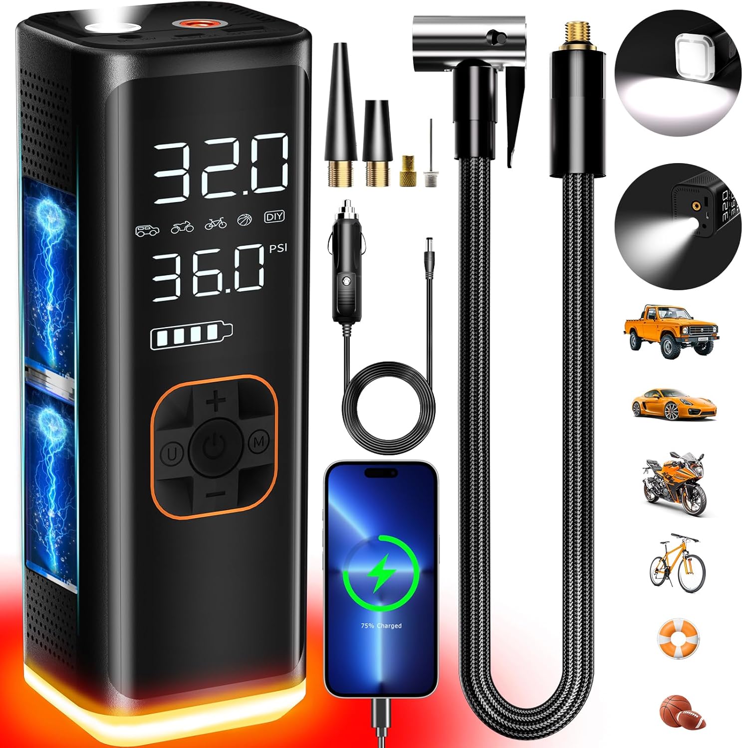Portable 150 PSI Tire Inflator - Fast Inflation & LED Light
