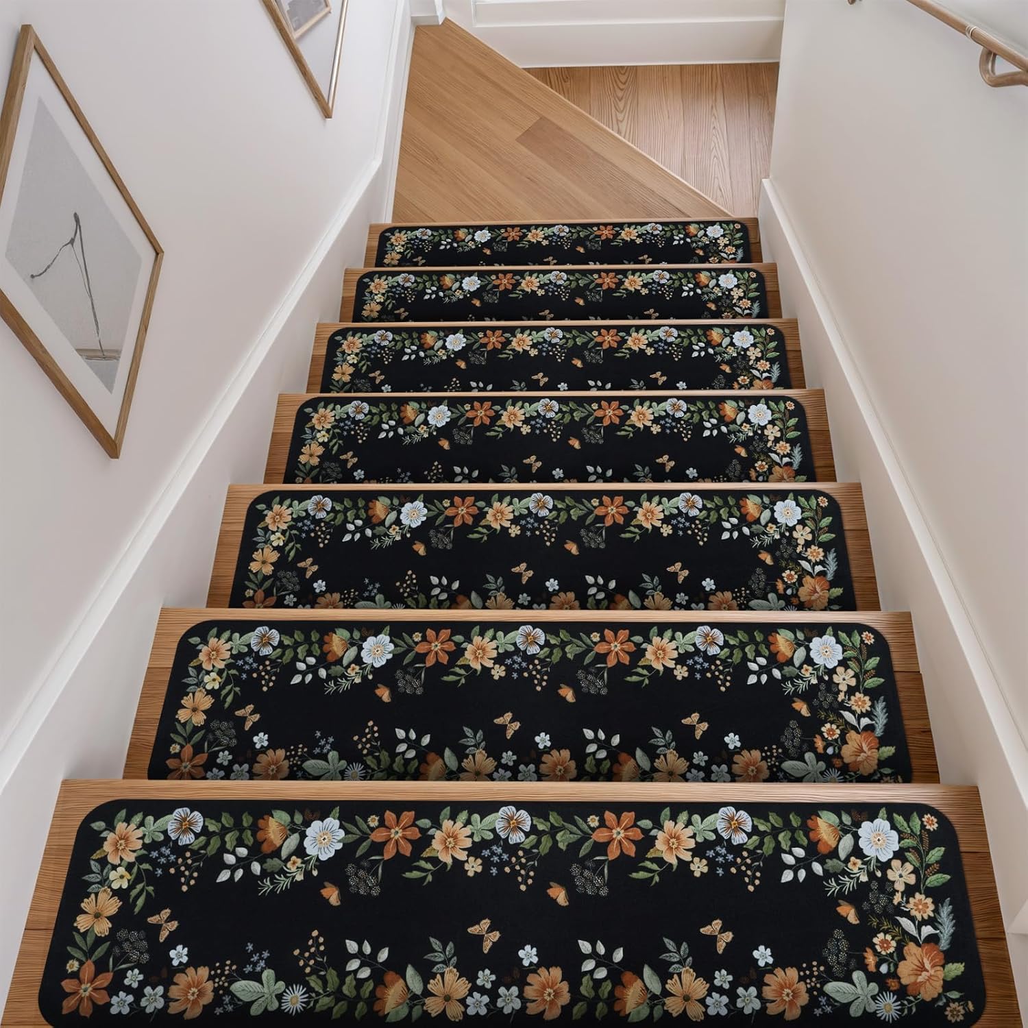 Non-Slip Floral Stair Treads for Wooden Steps - 15PCS Set