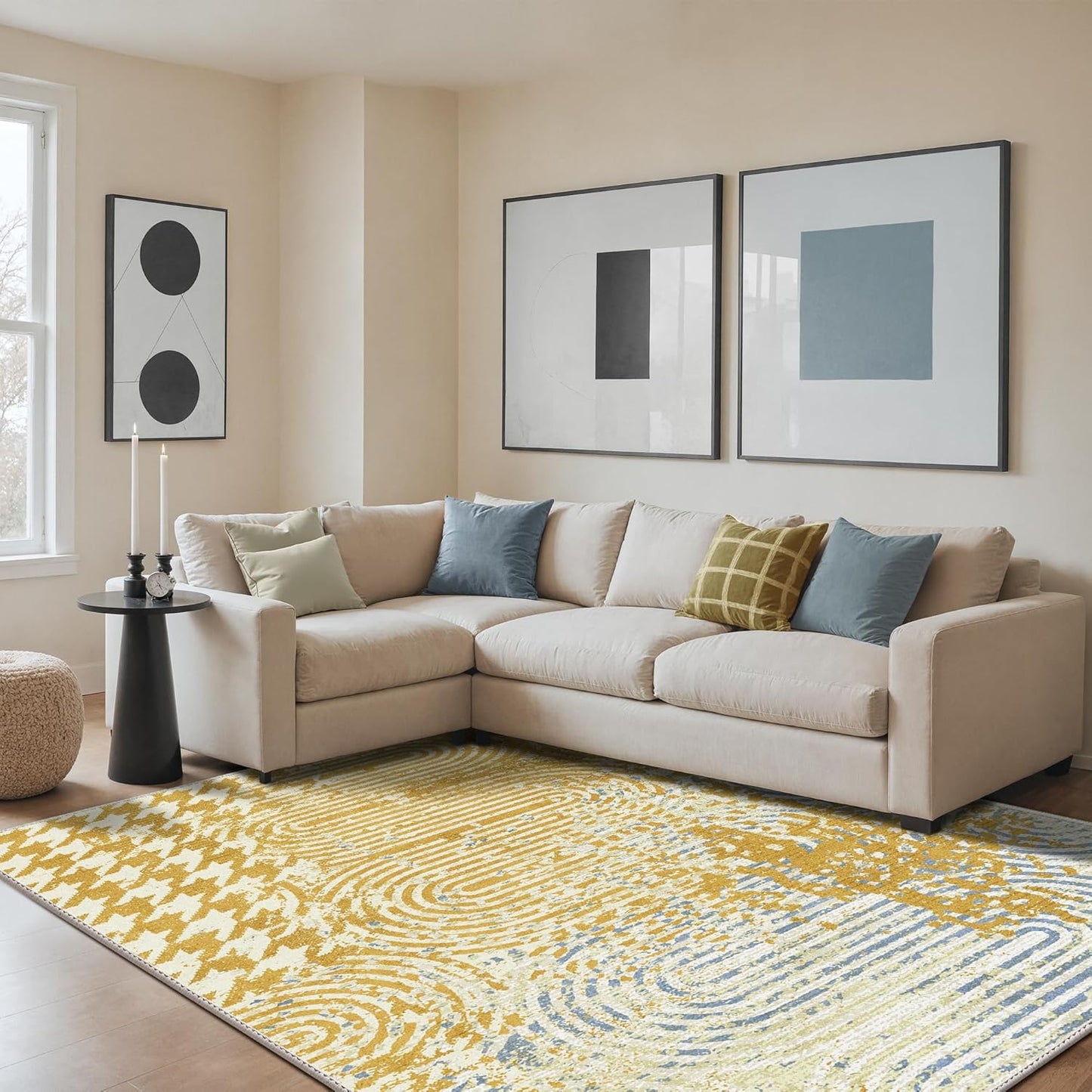 Bavni Machine Washable Rug, 6x9 Gold Blue Abstract Area Rug
