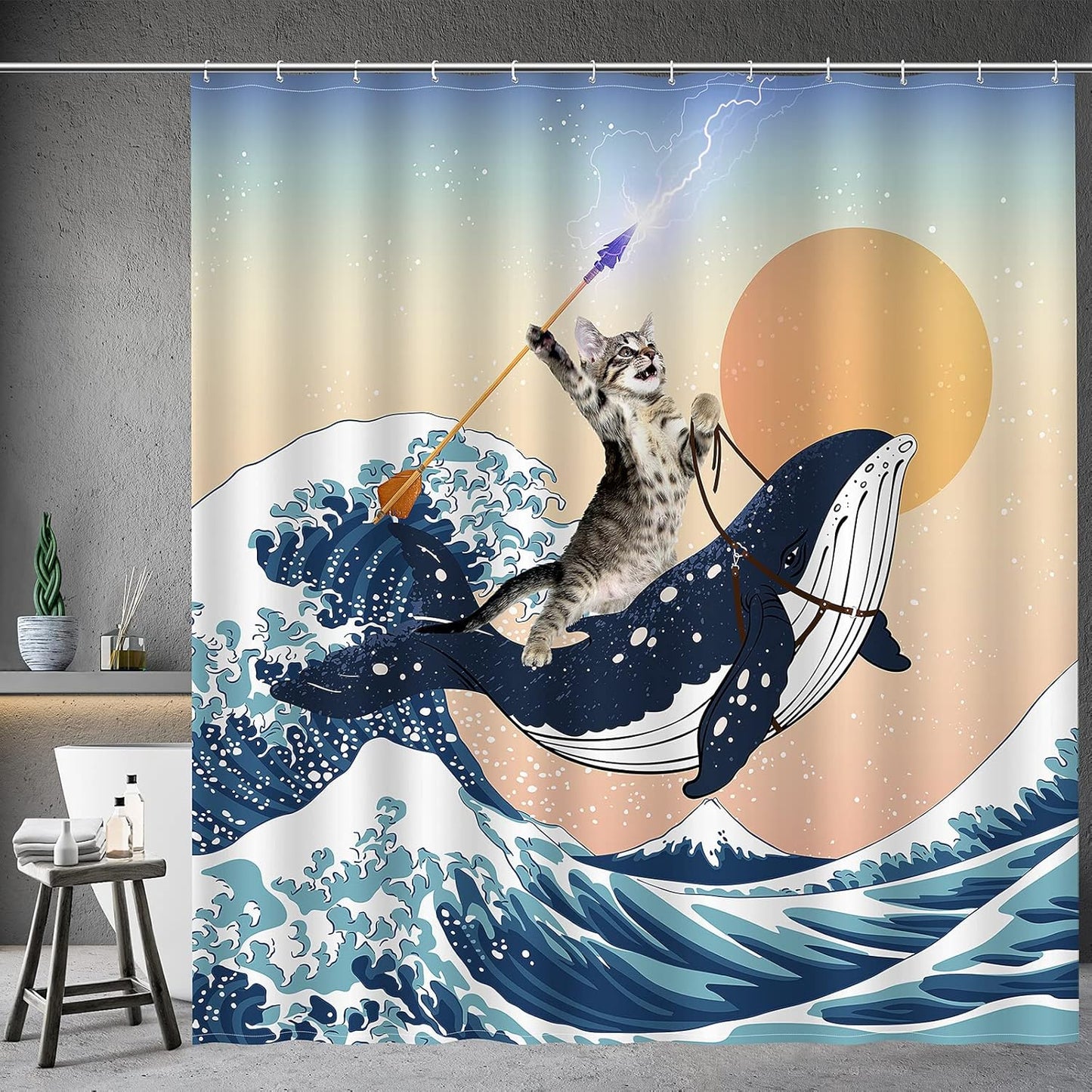 Whimsical Cat Riding Shark Shower Curtain Set - Fun Bathroom Decor!