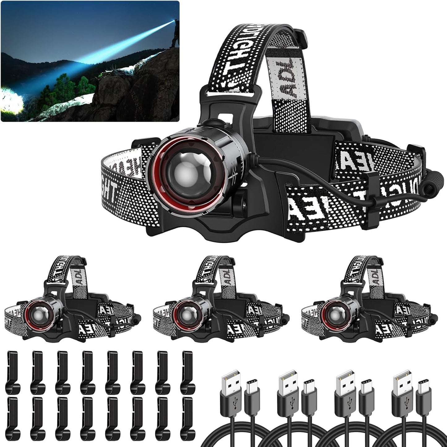 Super Bright LED Headlamp 4 Pack with Motion Sensor and Zoom