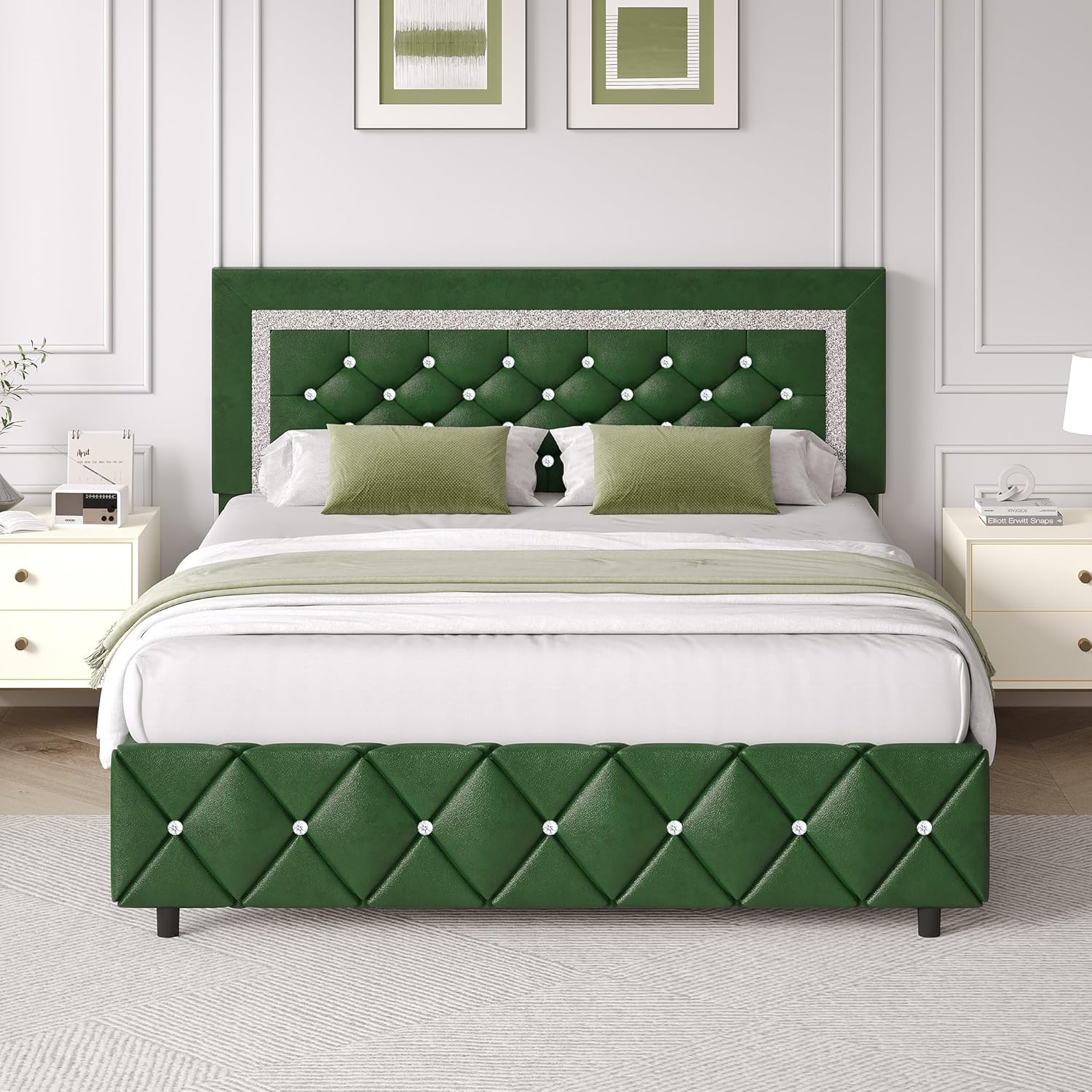 BarnFurin Full Size Bed Frame with Headboard in Green Color