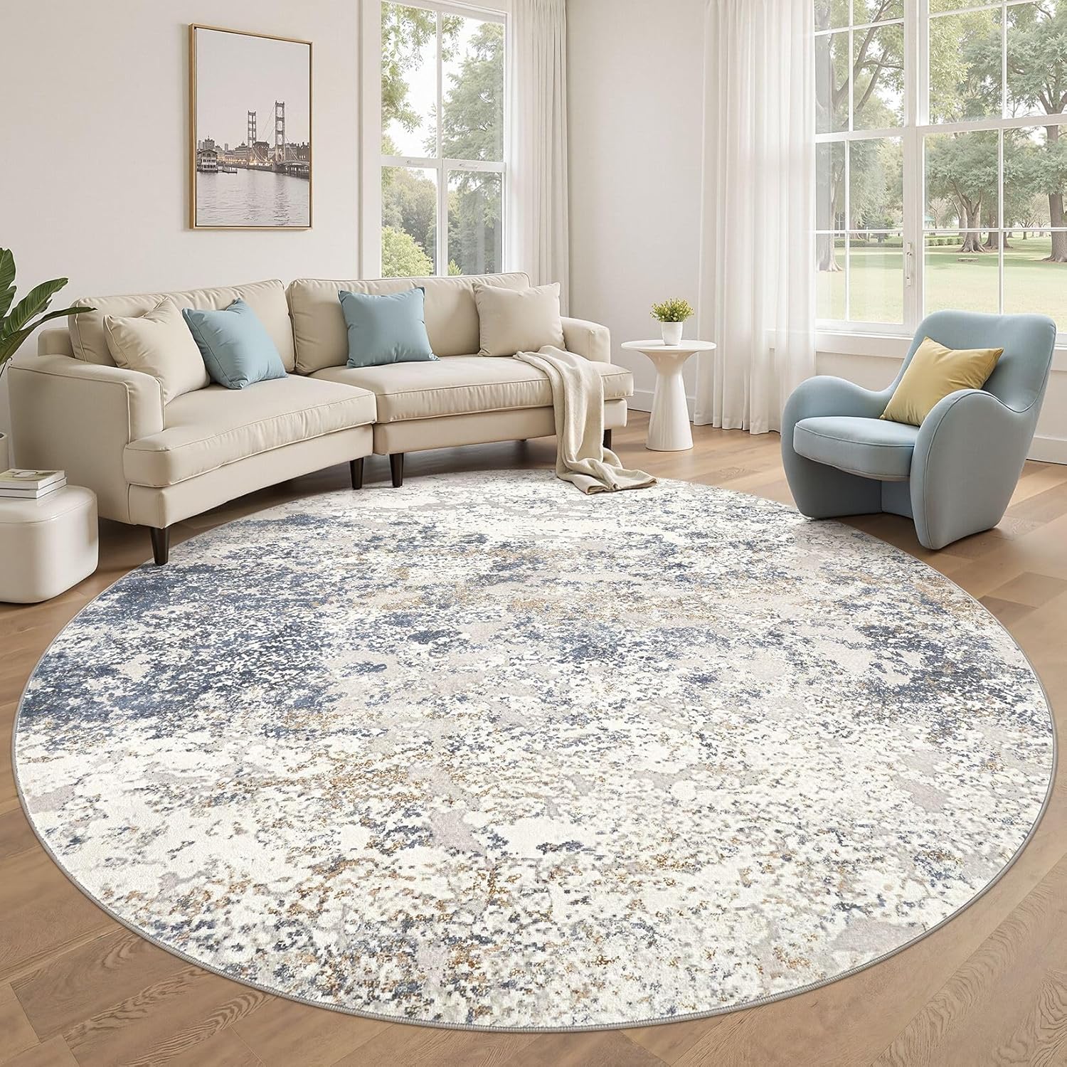 8ft Round Area Rug - Soft Washable Modern Abstract Carpet