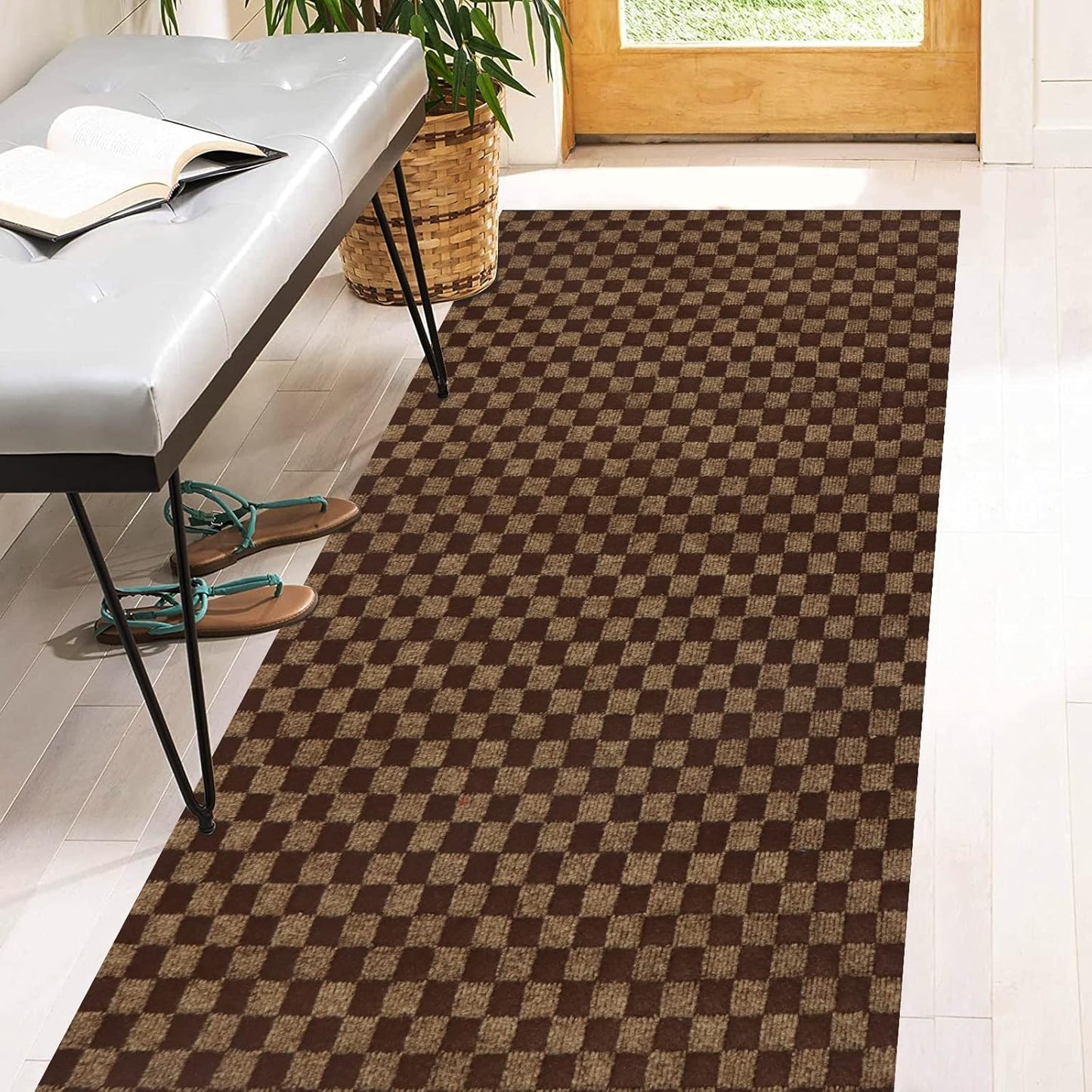 Checkered Brown 2ft x 7ft Runner Rugs for Indoor Outdoor Use