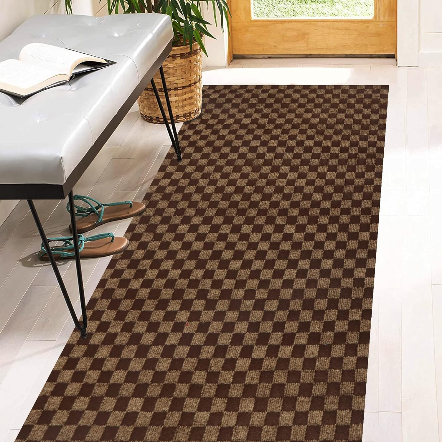 Checkered Brown 2ft x 25ft Runner Rugs for Indoor Outdoor Use