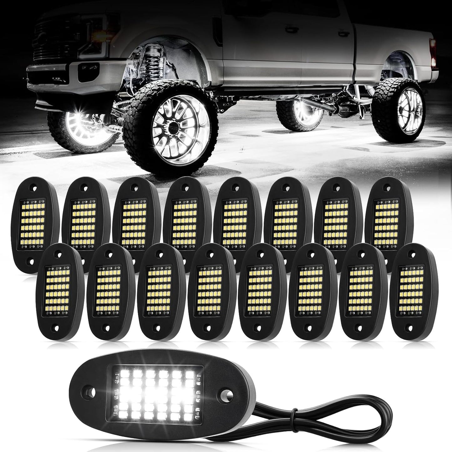 16 Pods White Rock Lights for Trucks, SUVs, and Boats - Super Bright