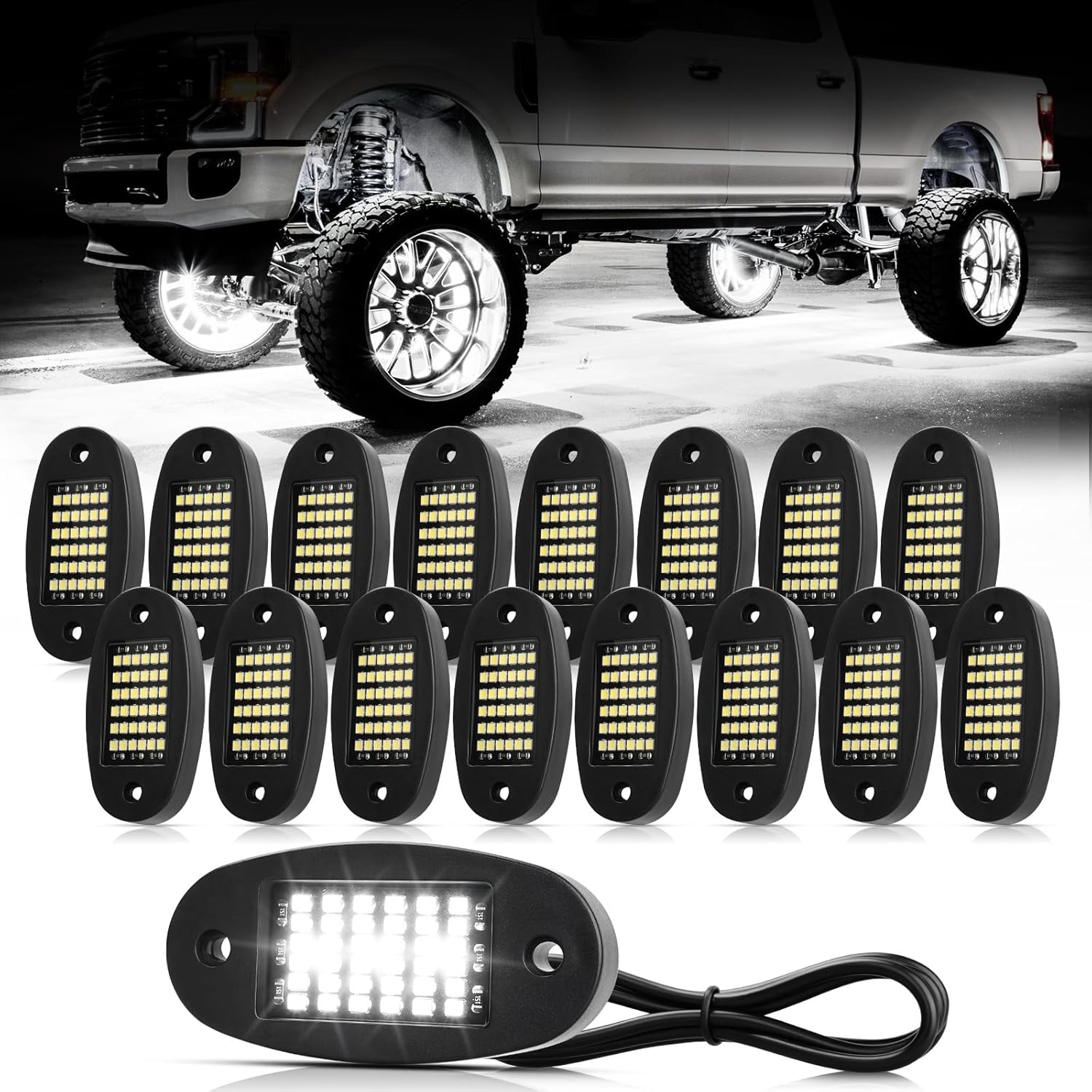 16 Pods White Rock Lights for Trucks, SUVs, and Boats - Super Bright