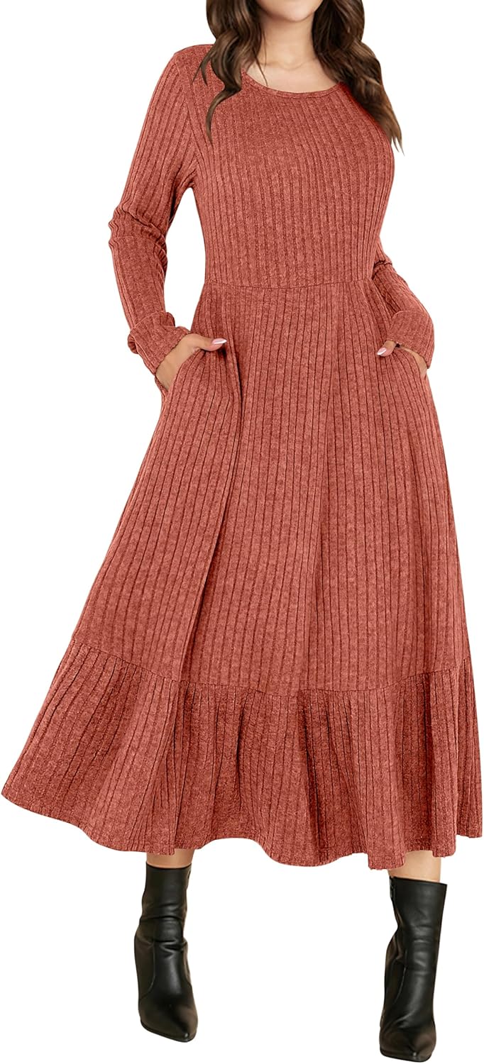 Womens Long Sleeve Midi Dress with Pocket for Casual Style