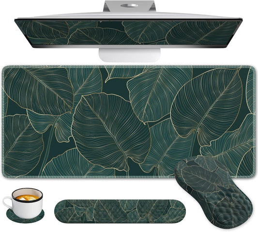 Ergonomic 4-in-1 Desk Mat: Green Palm Leaves, Memory Foam, Wrist Support!