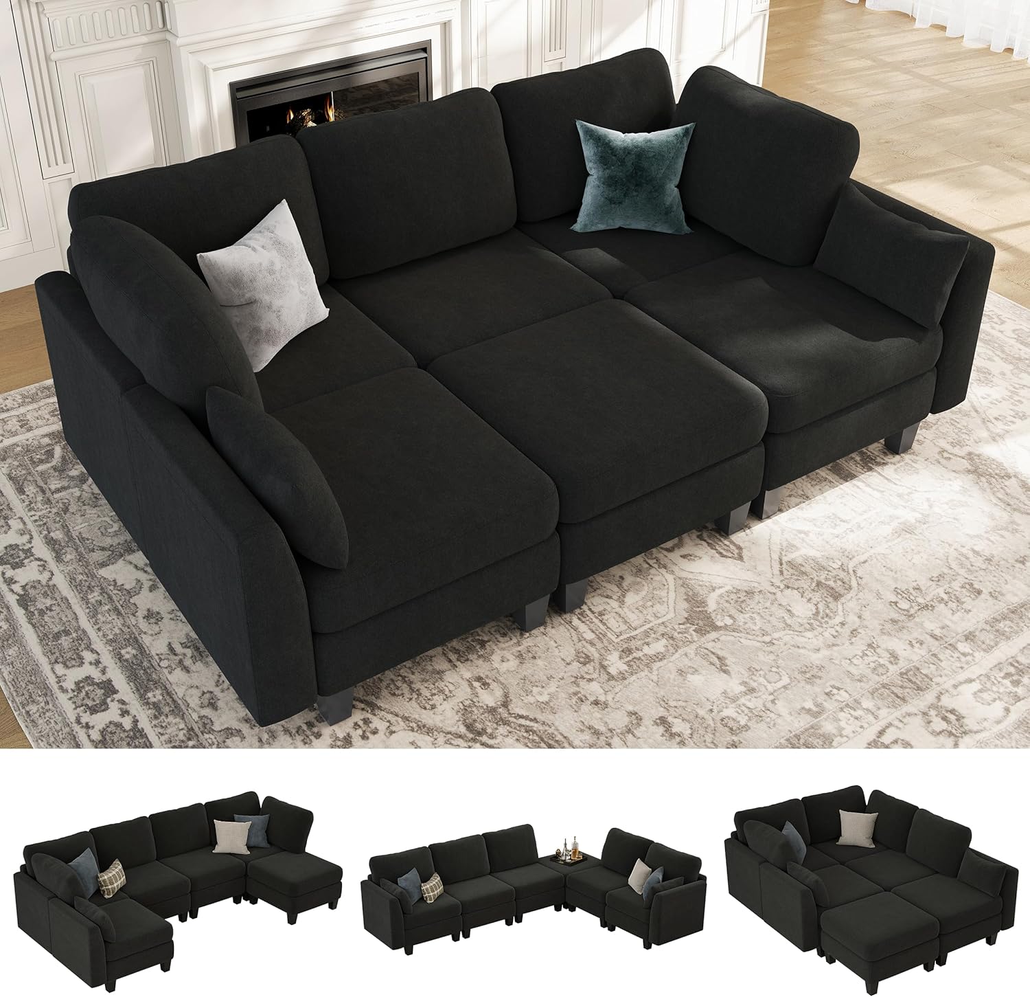 Modular Sleeper Sofa for Living Room - 6 Seater Black Couch