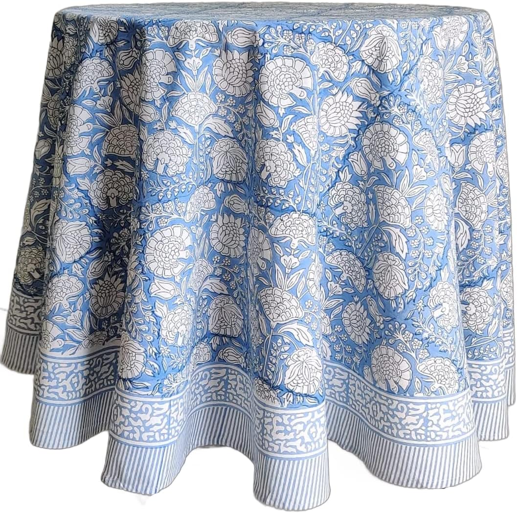Azora Blue 100% Cotton Round Tablecloth for Elegant Dining