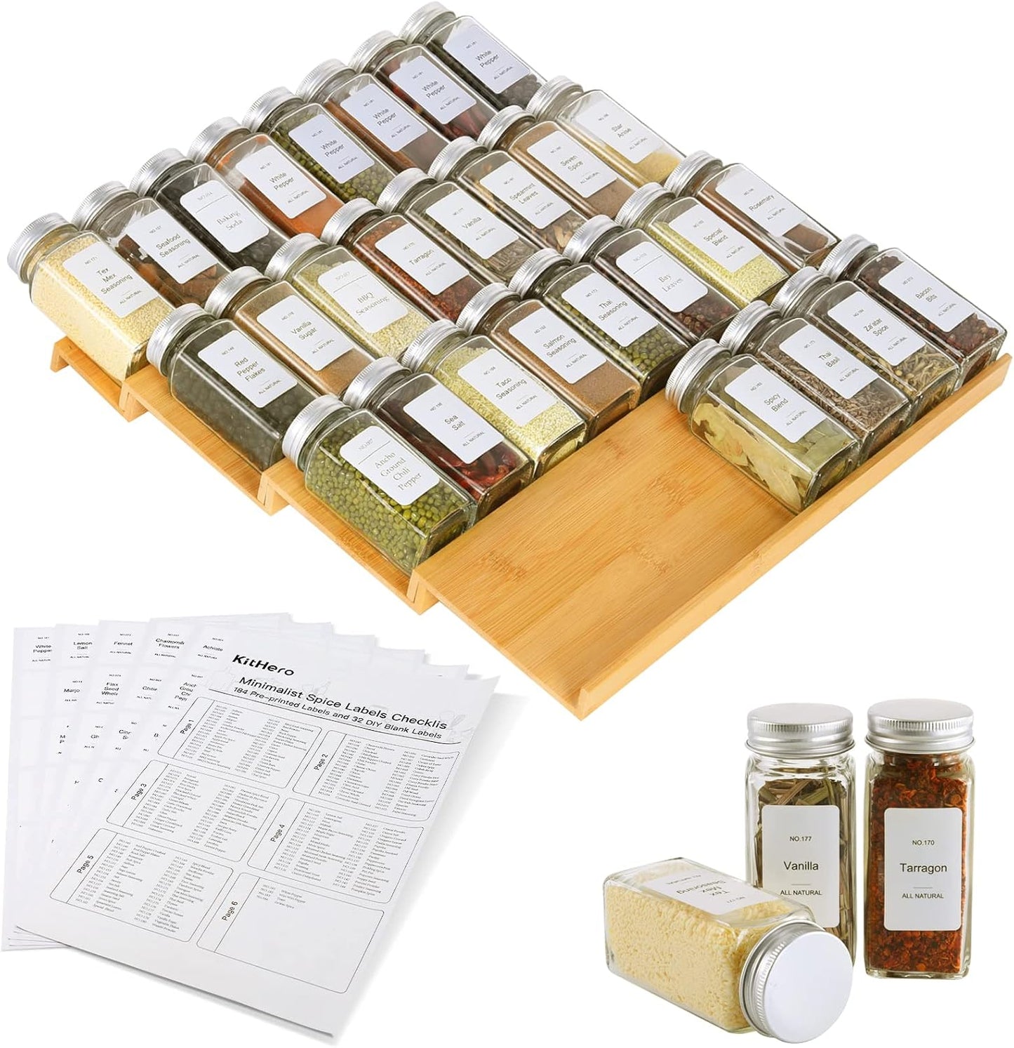 Spice Drawer Organizer with 28 Jars and 216 Labels for Kitchen