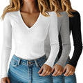 Women V Neck Ribbed Long Sleeve Shirts 3-Pack - 95% Cotton Slim Fit
