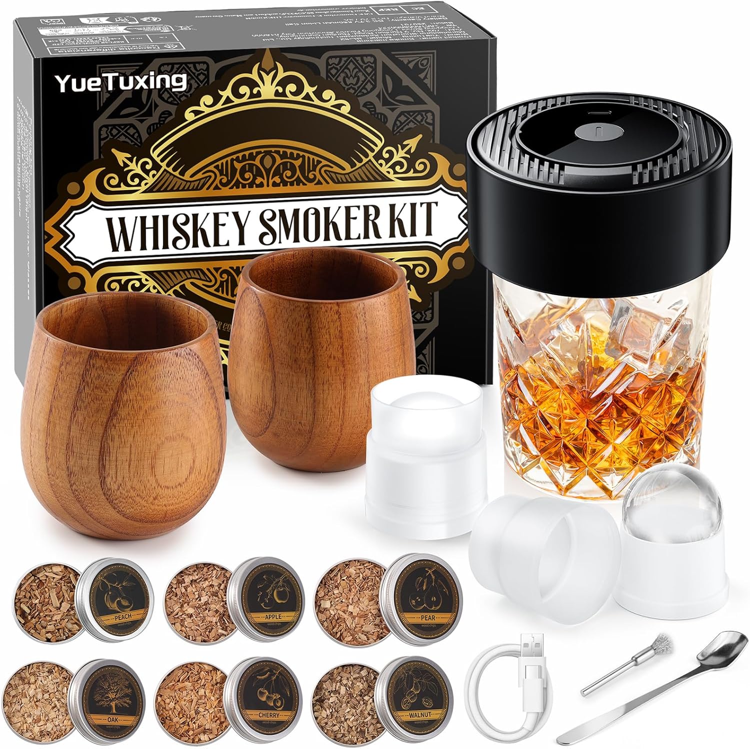 Electric Whiskey Smoker Kit with Wooden Glasses and Wood Chips