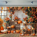 Fall RV Backdrop 12x10ft Autumn Pumpkin Wooden Floor - Photo