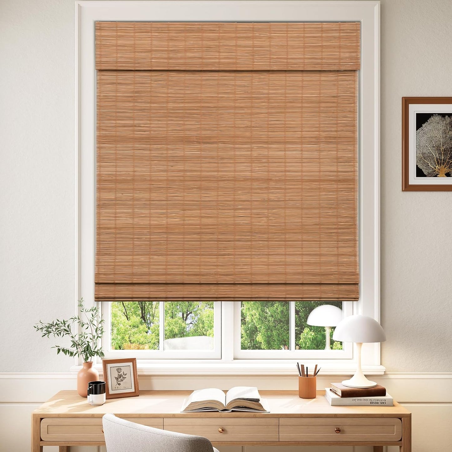 LazBlinds Cordless Blackout Bamboo Roman Shades for Total Darkness