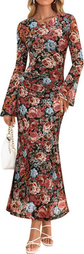 ZESICA Long Sleeve Floral Bodycon Mesh Maxi Dress - Flattering Fall