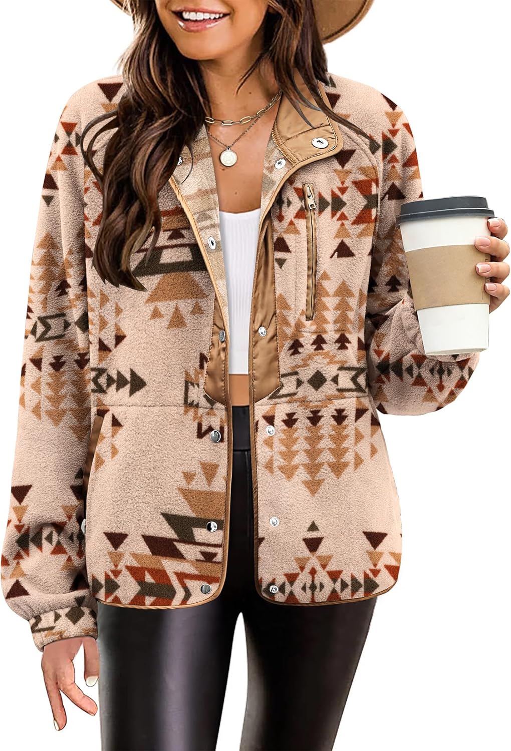 Cozy Fleece Jacket for Women with Western Aztec Print Design