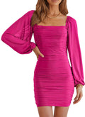 MASCOMODA Square Neck Lantern Sleeve Ruched Bodycon Mini Dress give