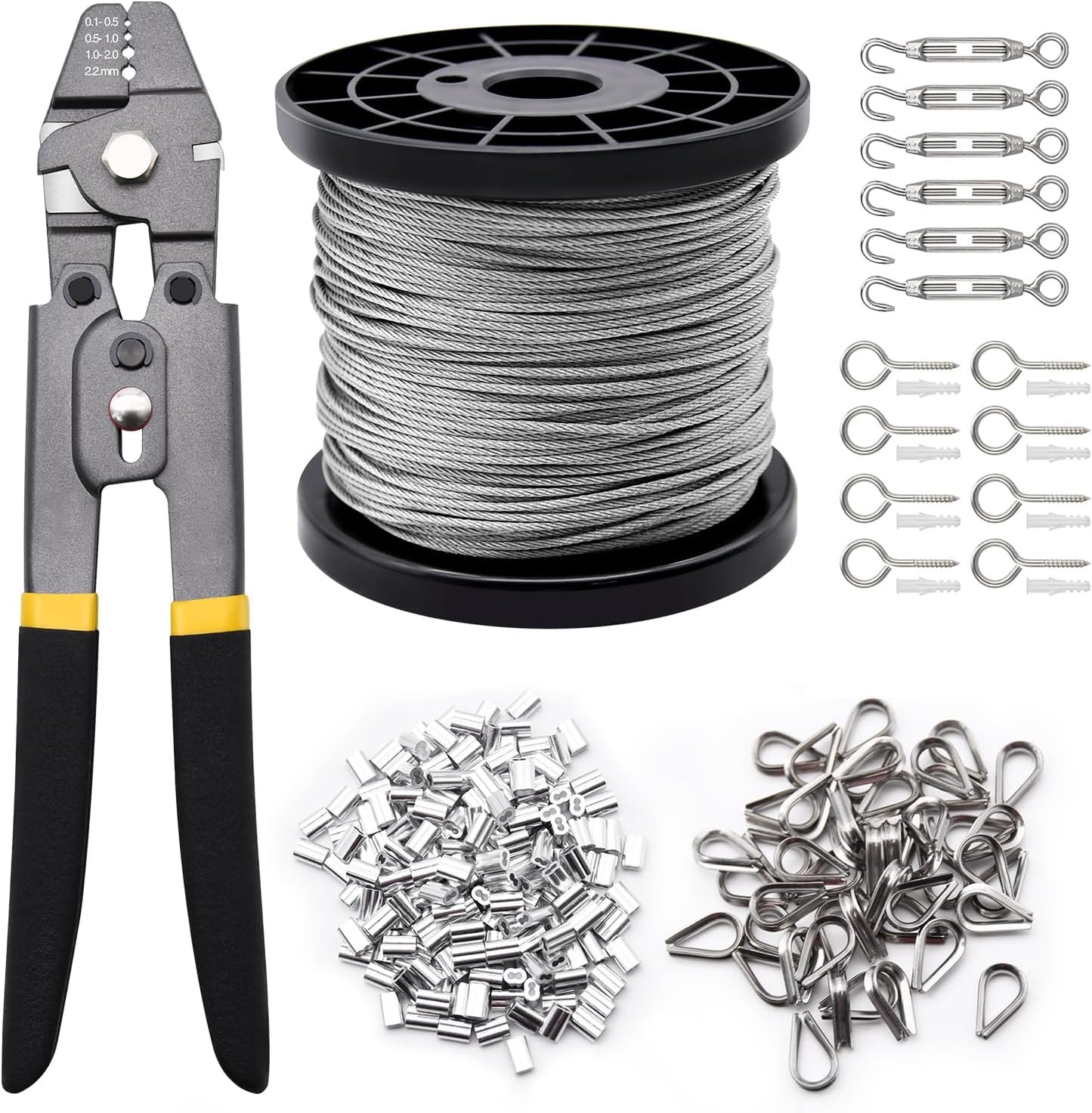 Wire Rope Set 328ft 1/16 inch Cable with Crimping Sleeves & Hooks