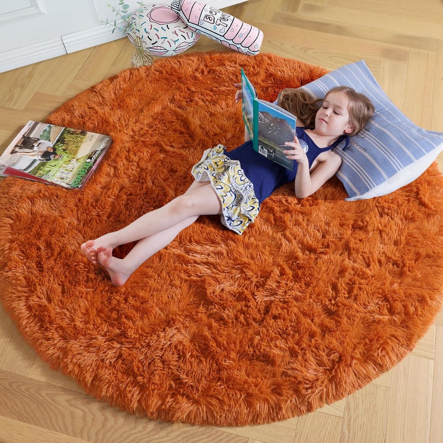 Burnt Orange Round Circle Rug 6Ft for Bedroom Living Room