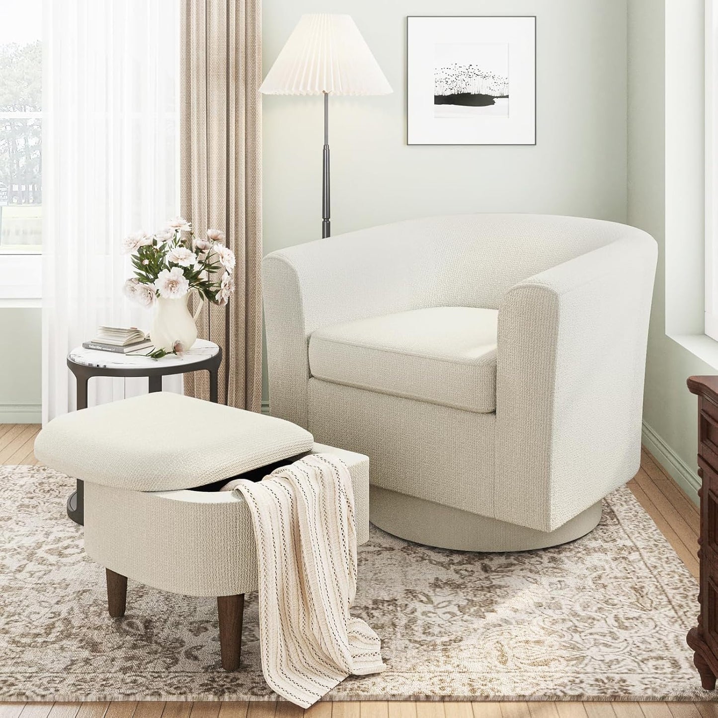 Swivel Barrel Chair with Ottoman - Beige