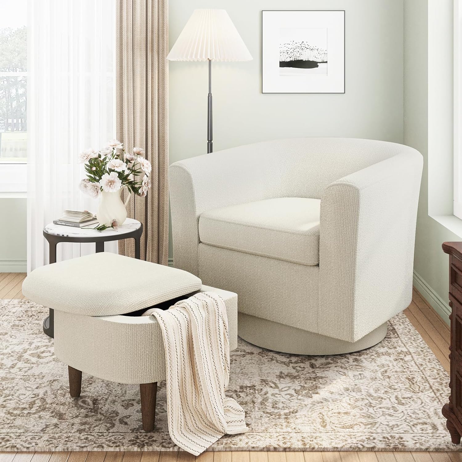 Swivel Barrel Chair with Ottoman - Beige