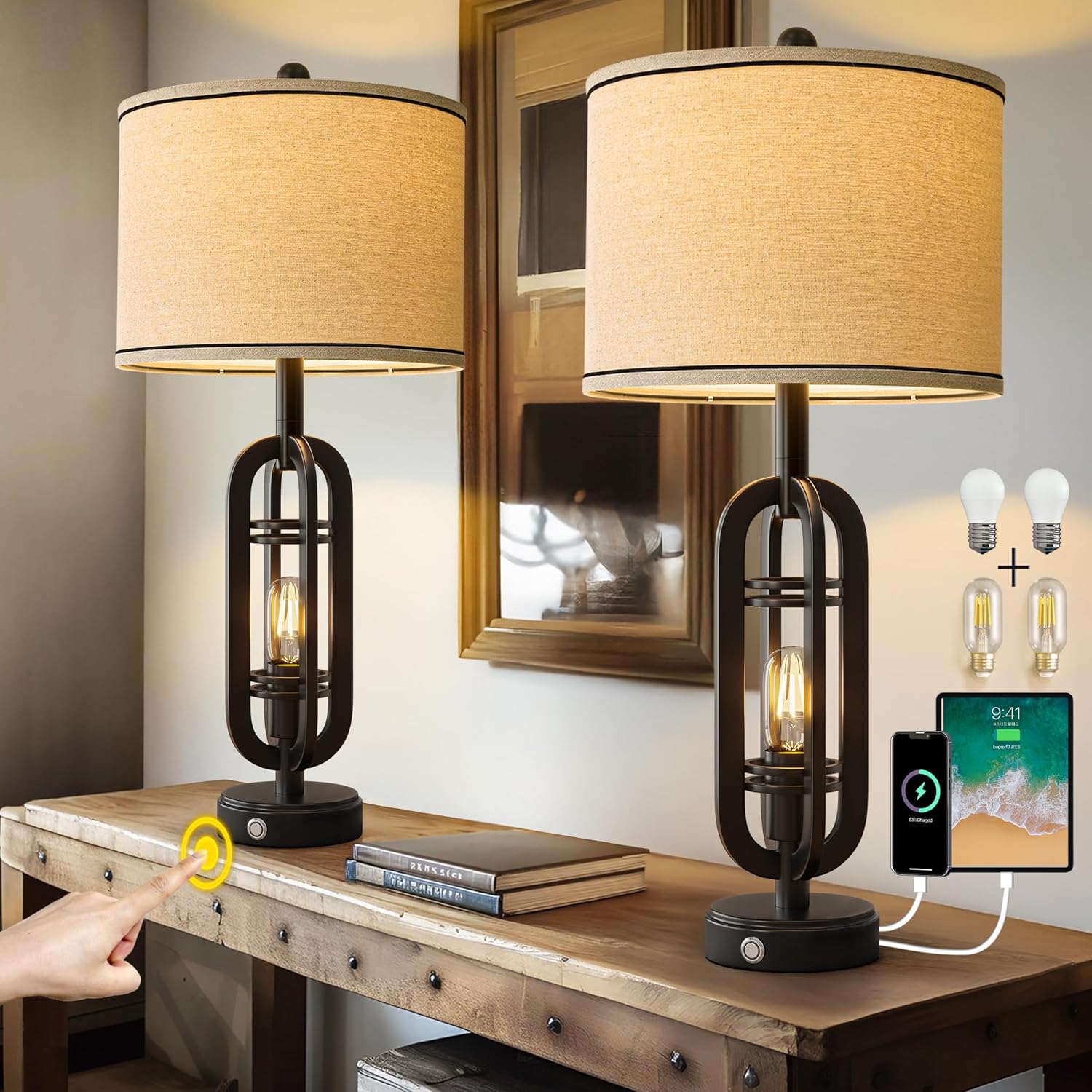 27.25ft' Industrial Table Lamps Set of 2 with USB Ports