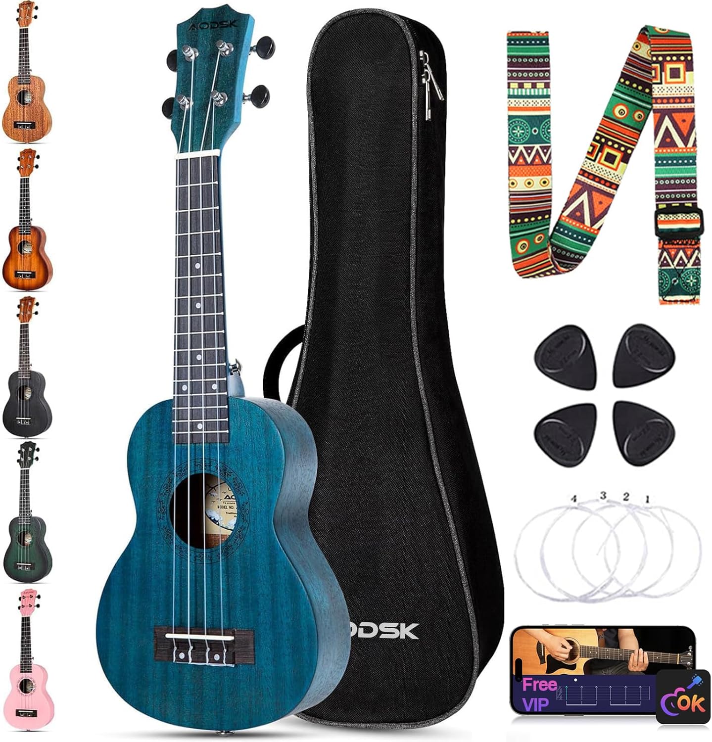 AODSK Soprano Ukulele 21 Inch for Beginners with Accessories