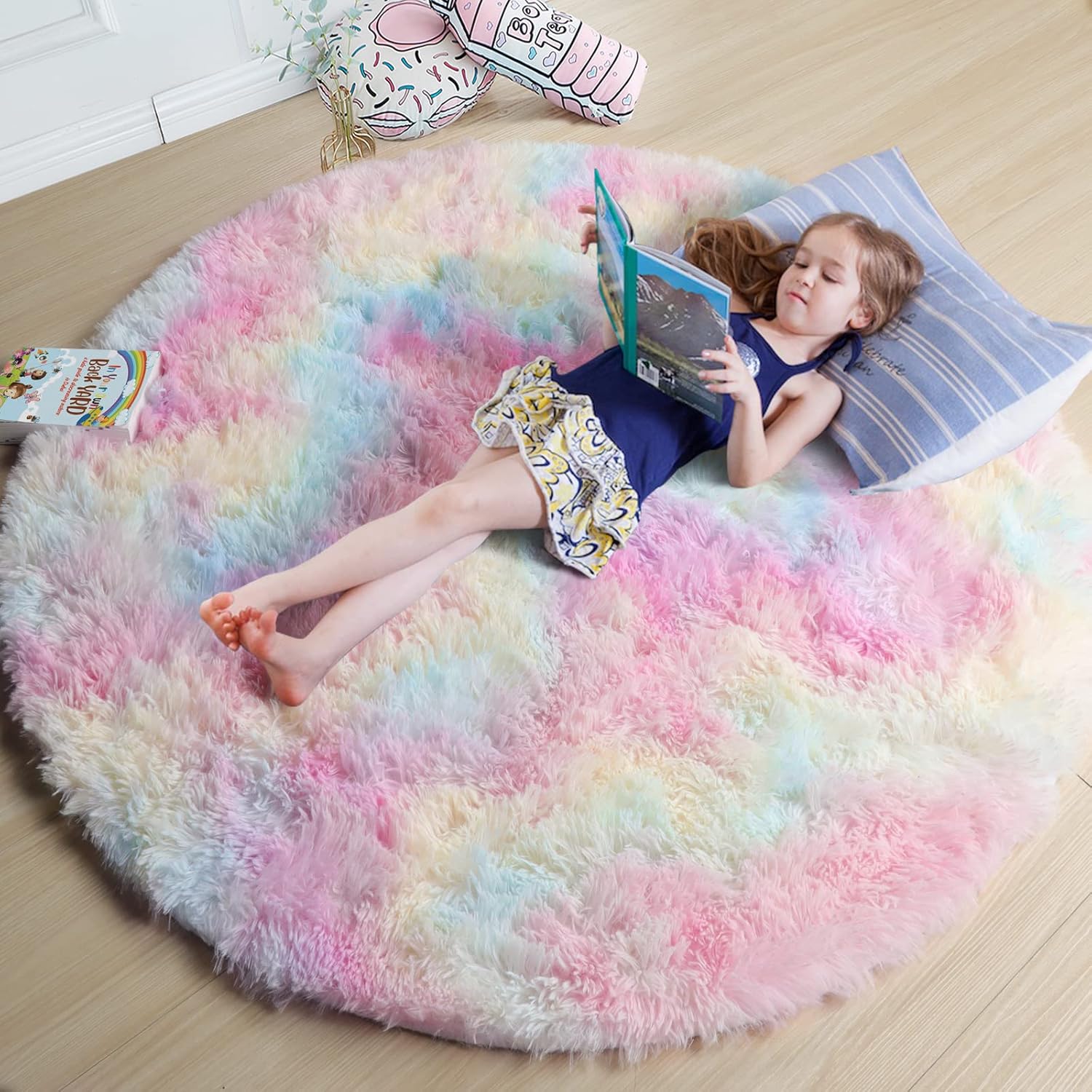 Amdrebio Rainbow Fluffy Round Rug 6Ft for Kids Bedroom Decor