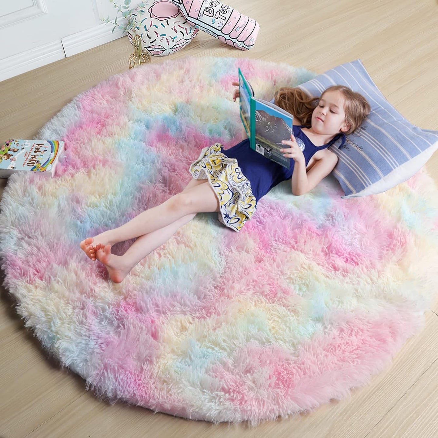 Rainbow Fluffy Round Rug 5Ft for Kids Bedroom Decor