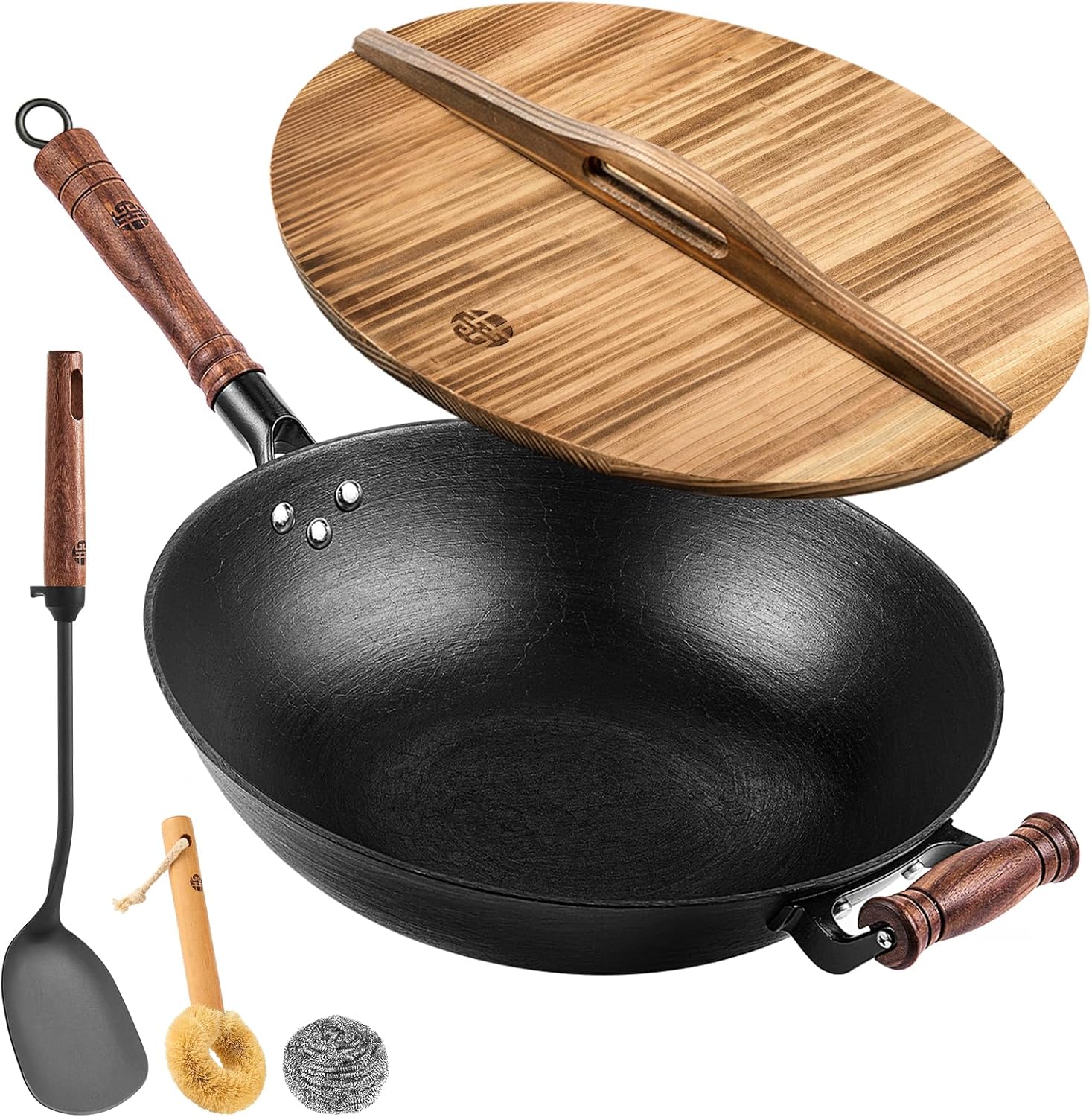 WANGYUANJI 13.4 Inch Cast Iron Wok for Authentic Cooking