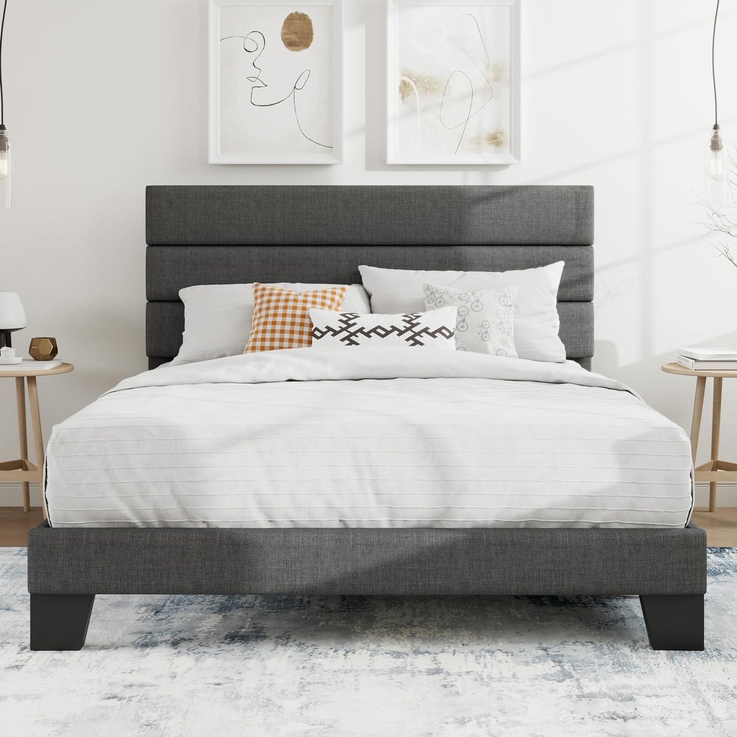 SHA CERLIN Full Platform Bed Frame with Upholstered Headboard