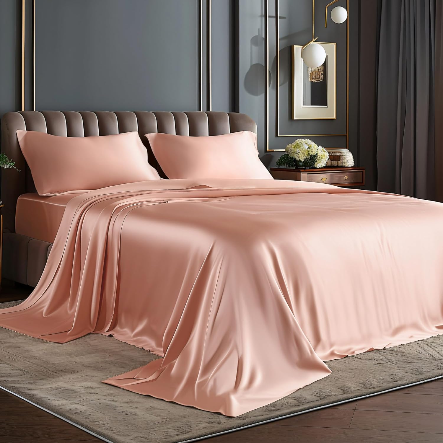 Luxury Satin Sheets Set for Queen Size Bed - Coral Pink Elegance