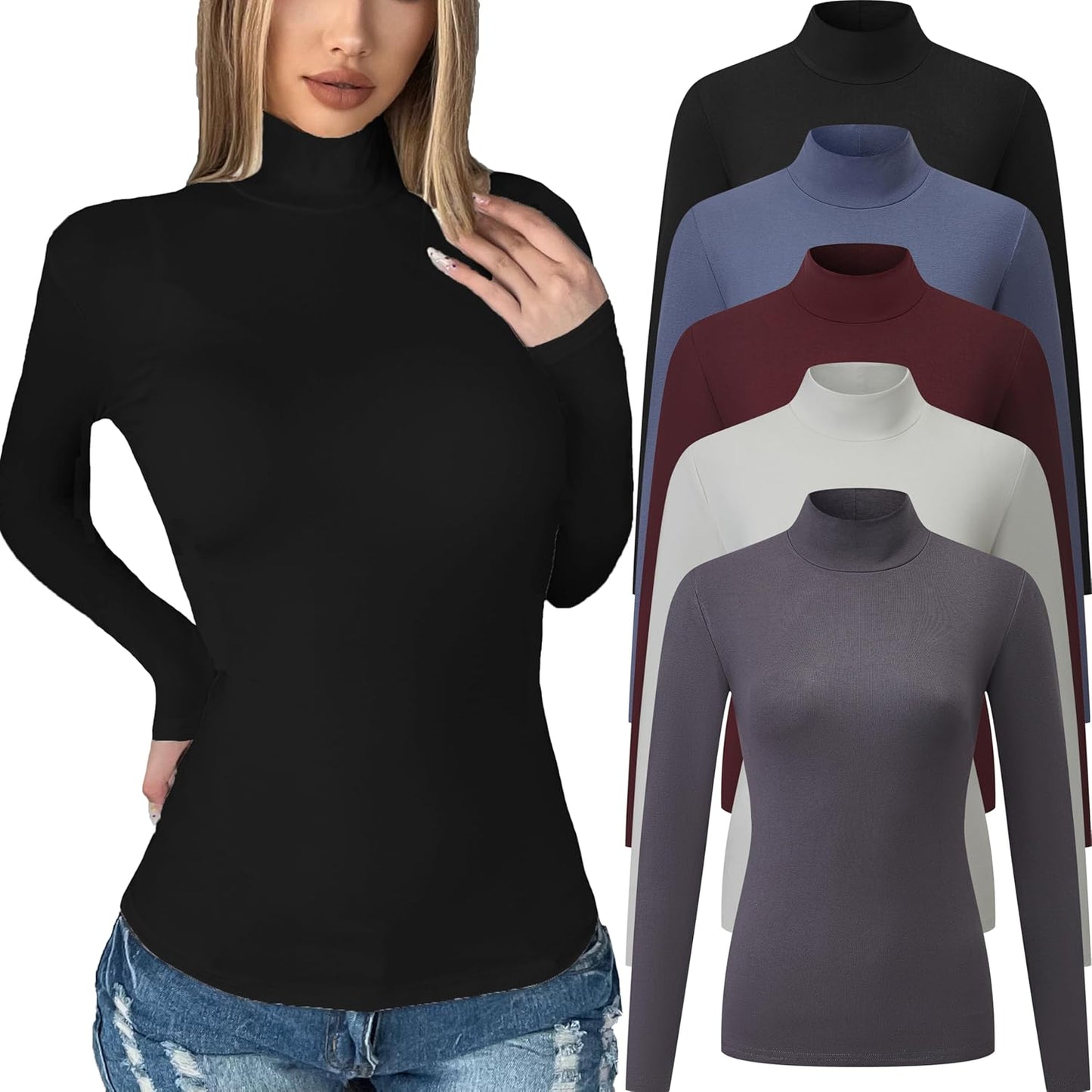 5 Pack Womens Long Sleeve Mock Turtleneck Tops for Fall Style