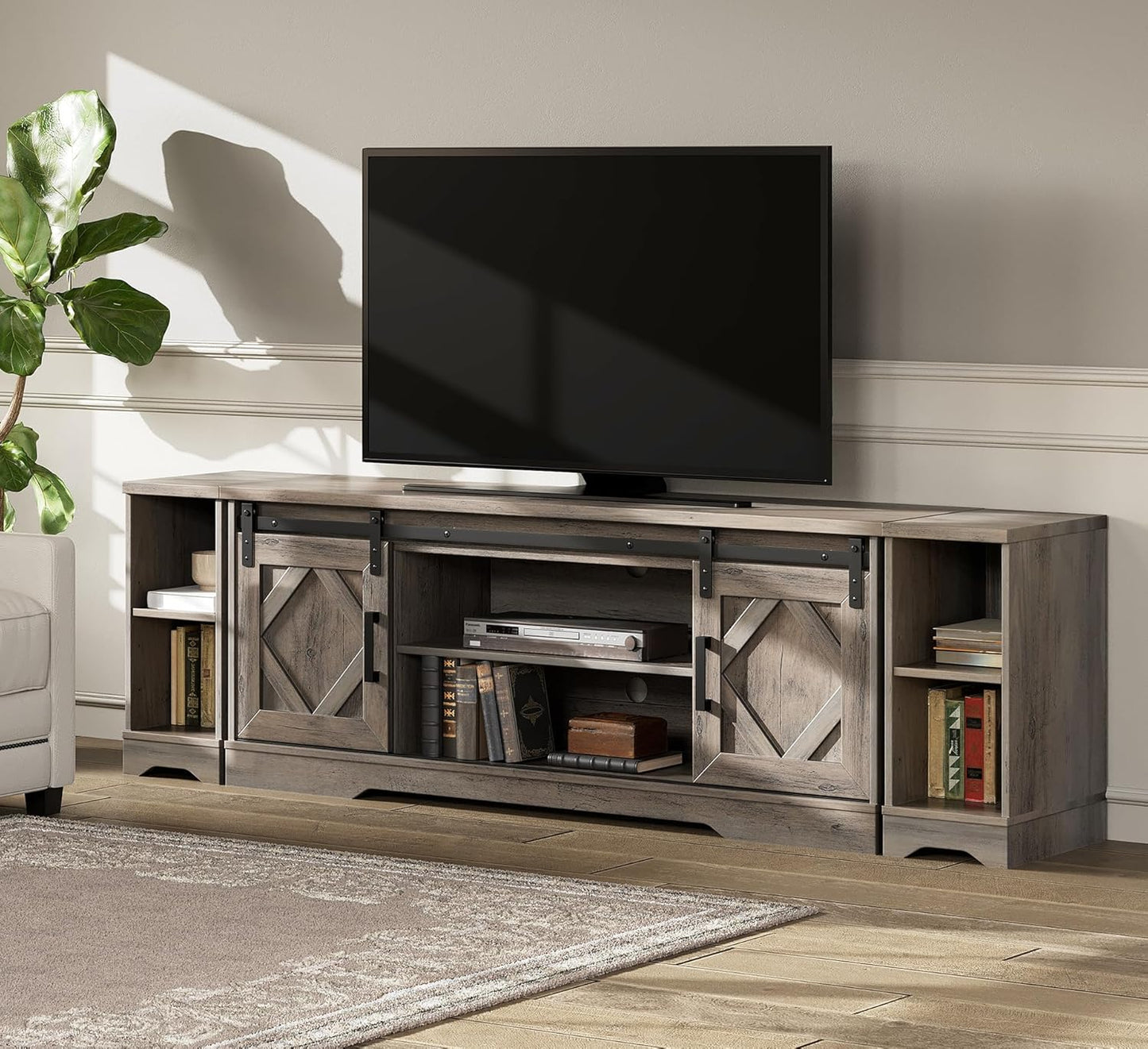 Farmhouse TV Stand: Sliding Barn Door, Adjustable Shelf