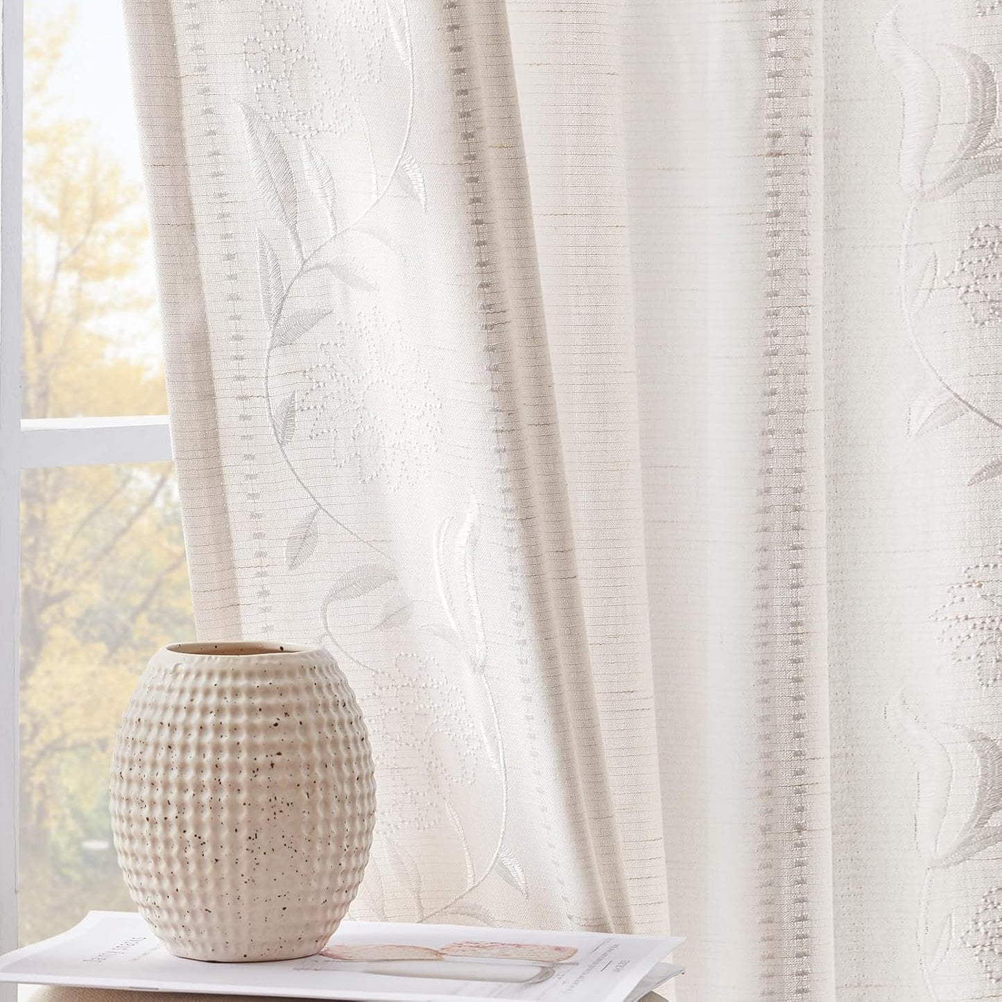 Winslow Linen Curtains for Bedroom with Floral Embroidery Design