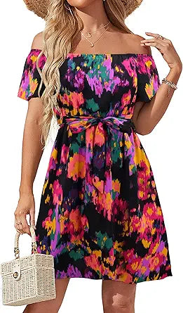 JECEIKA Womens Off Shoulder Ruffle Floral Summer Wedding Guest Dresses
