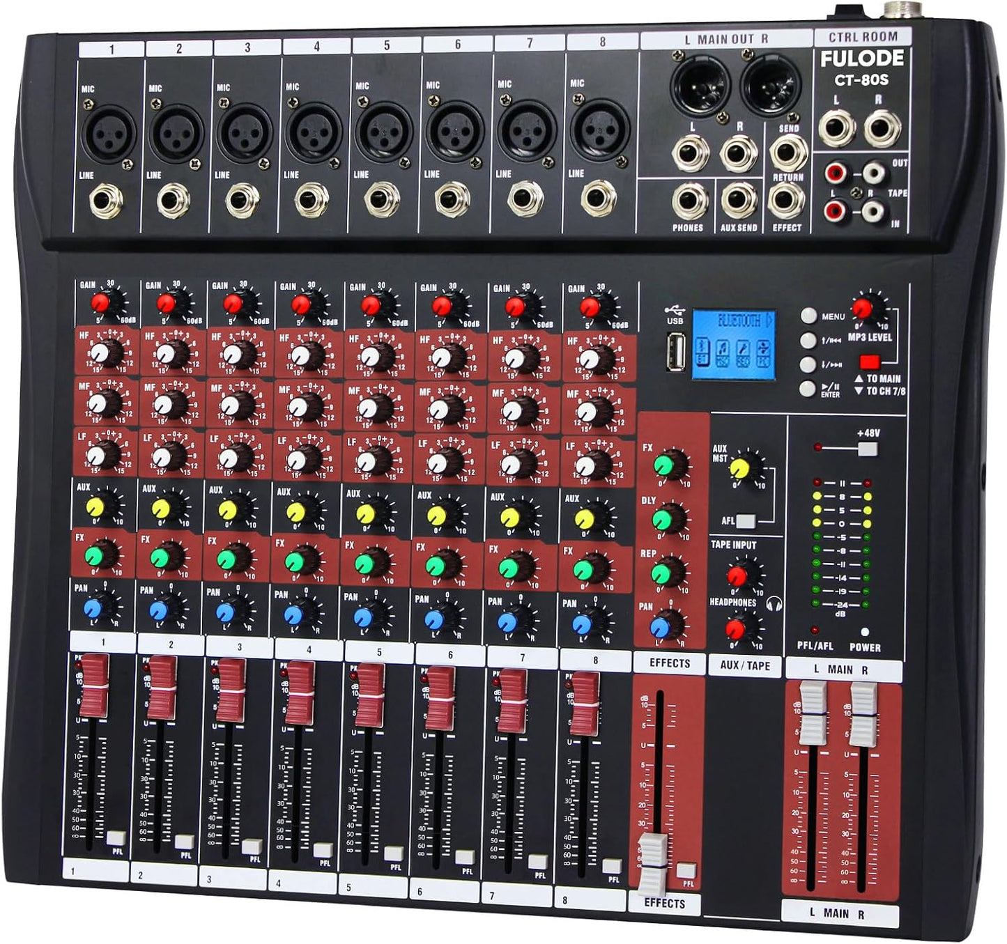 Professional 8 Channel Audio Mixer with Bluetooth and Reverb