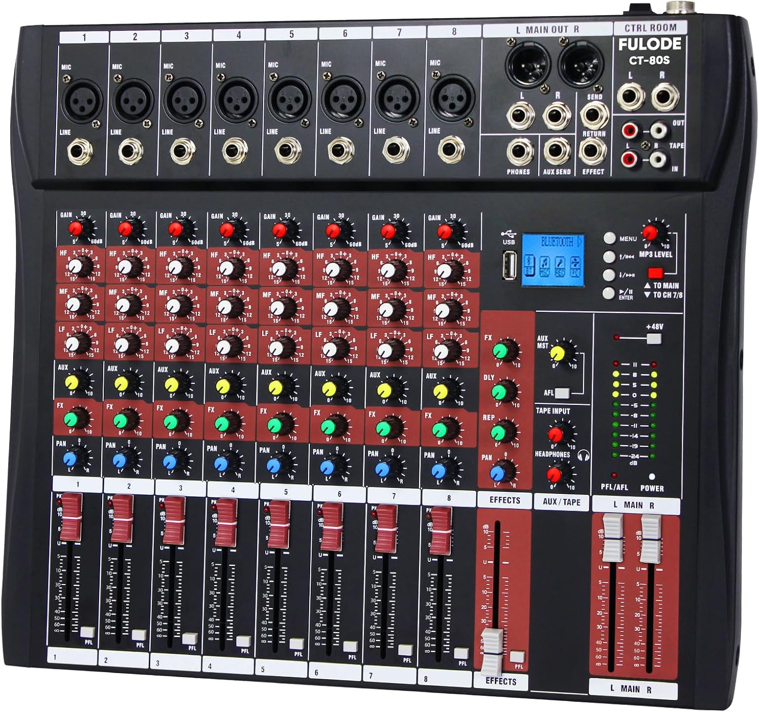 Professional 8 Channel Audio Mixer with Bluetooth and Reverb